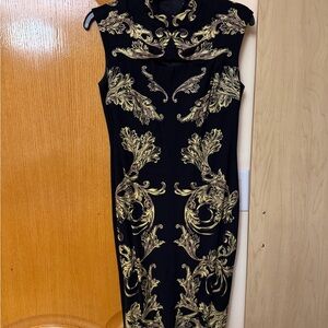 NWOT Cache Black and Gold Baroque Midi Dress